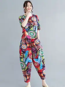 StyleCast Printed Round Neck Top With Trousers Co-Ords