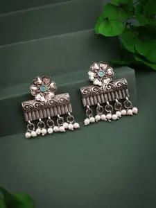 DIVASTRI Silver-Plated Artificial Stones & Beads Contemporary Oxidised Drop Earrings
