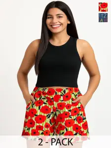 GAB Women Pack Of 2 Typography Printed High-Rise Cotton Shorts