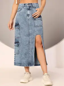 DOLCE CRUDO High Rise Straight Midi Non-Stretchable Denim Skirt