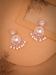 DIVASTRI Gold-Plated Pearls Beaded & Artificial Stones Studded Circular Drop Earrings