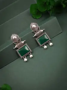 DIVASTRI Silver-Plated Artificial Stones & Beads Square Shaped Oxidised Drop Earrings