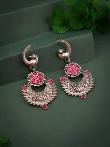 DIVASTRI Silver-Plated Stones Studded Oxidised Floral Shaped Drop Earrings