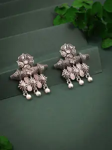 DIVASTRI Silver-Plated Stones Studded And Beaded Oxidised Floral Shaped Drop Earrings
