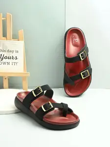 El Paso Women Solid Round Toe Buckles Leather One Toe Flats