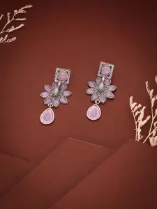 DIVASTRI Silver-Plated Artificial Stones Studded Floral Drop Earrings