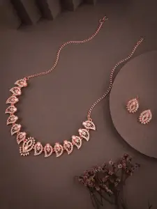 DIVASTRI Rose Gold-Plated Artificial Stone Studded Necklace and Earrings Jewellery Set