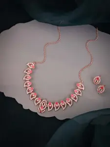 DIVASTRI Rose Gold-Plated Artificial Stone Studded Necklace and Earrings Jewellery Set