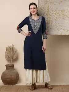 FASHOR Floral Embroidered Notch Neck Thread Work Muslin Silk Kurta