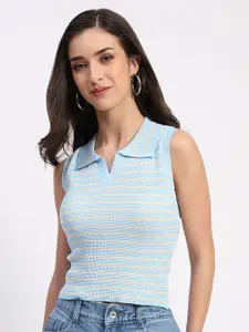Global Republic Horizontal Striped Sleeveless Shirt Collar Crop Top