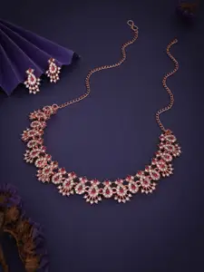 DIVASTRI Rose Gold-Plated Artificial Stone Studded Necklace and Earrings Jewellery Set