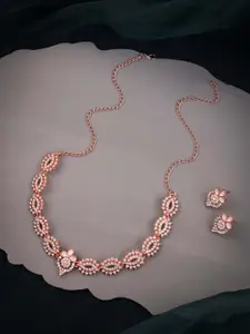 DIVASTRI Rose Gold-Plated Artificial Stone Studded Necklace and Earrings Jewellery Set
