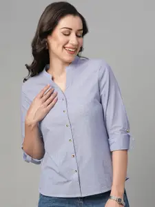 Chemistry Striped Cotton Mandarin Collar Casual Shirt