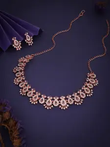 DIVASTRI Rose Gold-Plated Artificial Stone Studded Necklace and Earrings Jewellery Set