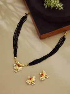 ATIBELLE Gold-Plated Artificial Stones Studded and Beaded Mangalsutra With Earrings