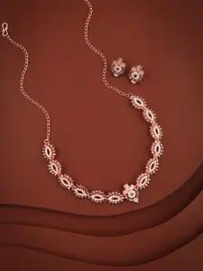 DIVASTRI Rose Gold-Plated Artificial Stone Studded Necklace and Earrings Jewellery Set