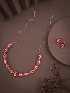 DIVASTRI Rose Gold-Plated Artificial Stone Studded Necklace and Earrings Jewellery Set