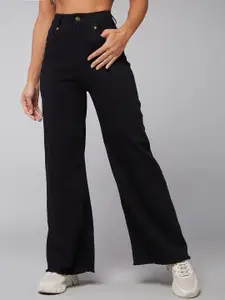 DOLCE CRUDO Women Wide Leg High-Rise Heavy Fade Stretchable Jeans