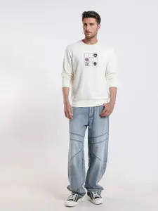 RARE RABBIT Men Reso Primary Off White Printed Cotton Sweatshirt