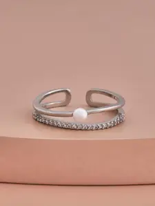 Kushal's Fashion Jewellery Rhodium-Plated Zircon Studded & Pearls Beaded Finger Ring