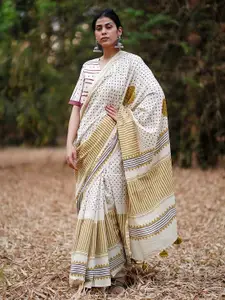 Chidiyaa Whistling Woods Surmayi Shaam Ivory Hand Block Printed Cotton Saree