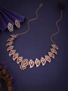 DIVASTRI Rose Gold-Plated Artificial Stone Studded Necklace and Earrings Jewellery Set