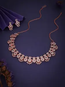 DIVASTRI Rose Gold-Plated Artificial Stone Studded Necklace and Earrings Jewellery Set