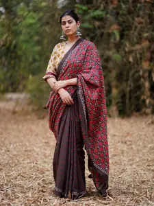 Chidiyaa WhistlingRimjhim Brown Block Printed Cotton Saree