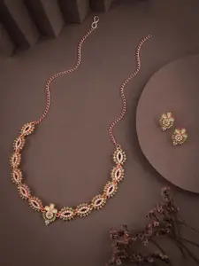 DIVASTRI Rose Gold-Plated Artificial Stone Studded Necklace and Earrings Jewellery Set
