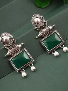 Anouk Silver-Plated Artificial Stones Studded Square Shaped Oxidised Drop Earrings