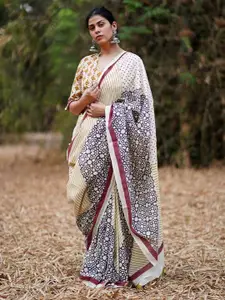 Chidiyaa Whistling Badal Pe Paon Ivory Block Printed Cotton Saree