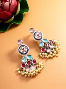 Anouk Silver-Plated Kundan Studded & Pearls Beaded Contemporary Drop Earrings