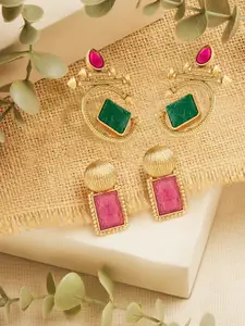 AMI Set Of 2 Gold-Plated Artificial Stones Studded Geometric Shaped Drop Earrings