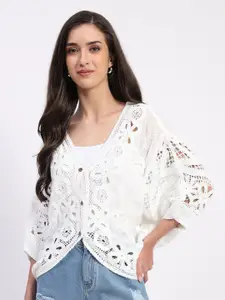 Global Republic Self Design Cotton Lace V-Neck Shrug