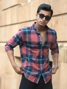 Powerlook Men Tartan Checked Button-Down Collar Cotton Casual Shirt