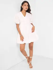 AKKRITI BY PANTALOONS Puff Sleeve Schiffli Pure Cotton Fit & Flare Dress