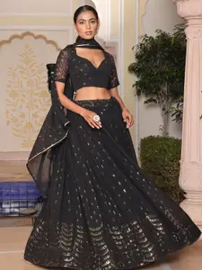 KALINI Embroidered Foil Print Semi-Stitched Lehenga & Unstitched Blouse With Dupatta