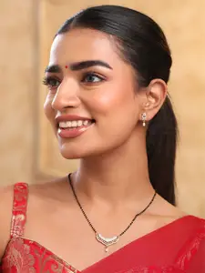 Yellow Chimes Gold-Plated American Diamond Studded & Beaded Mangalsutra With Earrings