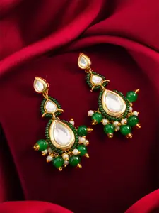 Anouk Gold Plated Kundan Studded And Beaded Teardrop Shaped Drop Earrings