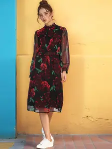 RARE Women Floral Print High Neck Ruffles Fit and Flare Dress