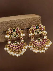 ABDESIGNS Gold-Plated Kempstone Studded Crescent Shaped Temple Drop Earrings