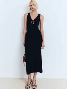 MANGO Tie-Up V-Neck Knitted Sheath Midi Dress
