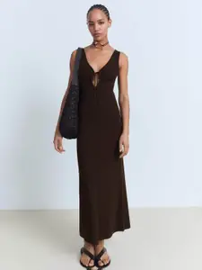 MANGO Tie-Up V-Neck Knitted Sheath Maxi Dress