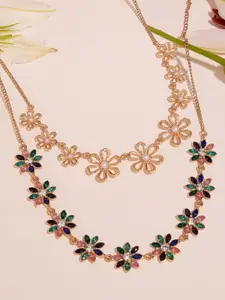 AMI Set Of 2 Rose Gold-Plated Artificial Stones Studded Floral Necklace