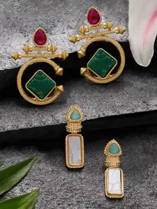 AMI Set Of 2 Gold-Plated Artificial Stones Studded Geometric Shaped Drop Earrings