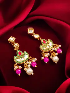 Anouk Gold-Plated Kundan Studded & Pearls Beaded Contemporary Drop Earrings