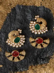 AMI Set Of 2 Gold-Plated Artificial Stones Studded Peacock Shaped Studs