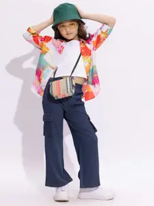 taffykids Girls Printed Shirt With Cargo Pant & Singlet Crop Top