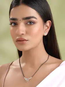 Yellow Chimes Stainless Steel Rhodium-Plated AD-Studded & Beaded Mangalsutra With Earrings