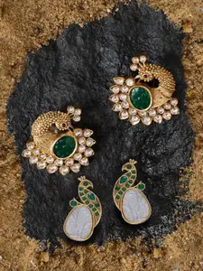 AMI Set Of 2 Gold-Plated Artificial Stones Studded Peacock Shaped Studs